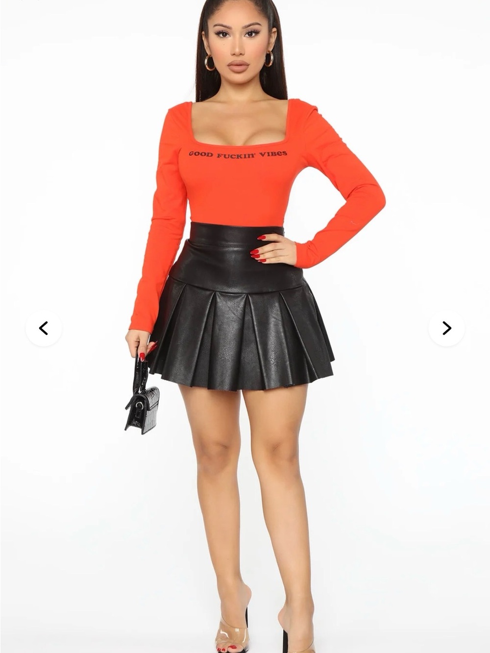 Fashion Nova Black Faux Leather Pleated Skater Mini Skirt
